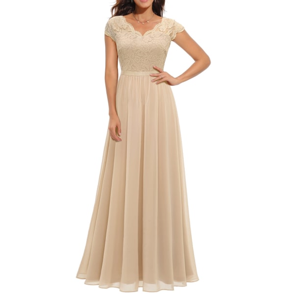 Dress with lace stitching, long waistband, noble dress, dress champagne S