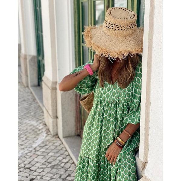 Geometrisk printed bubbelärmsklänning för kvinnor i stor storlek light green s