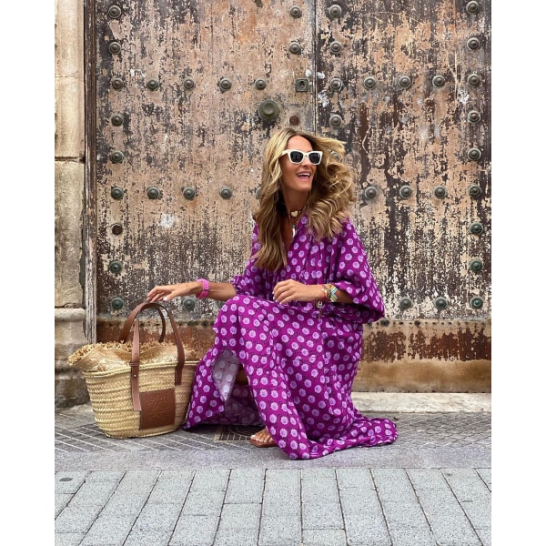 Geometrisk printed bubbelärmsklänning för kvinnor i stor storlek purple m