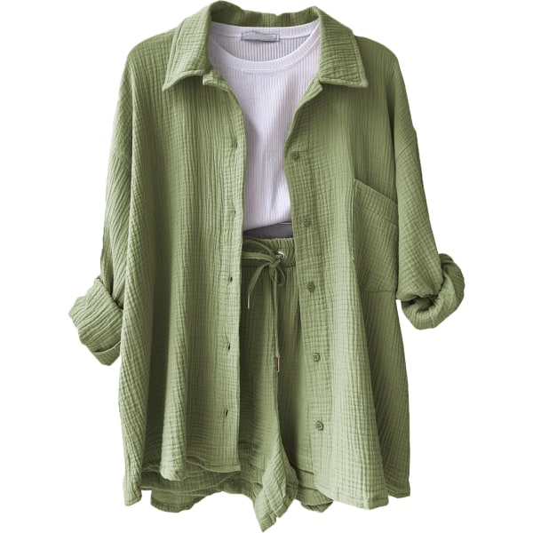Skrynklig krage för kvinnor, långärmad skjorta, shorts med dragsko med hög midja, moderiktigt casual set i två delar light green L