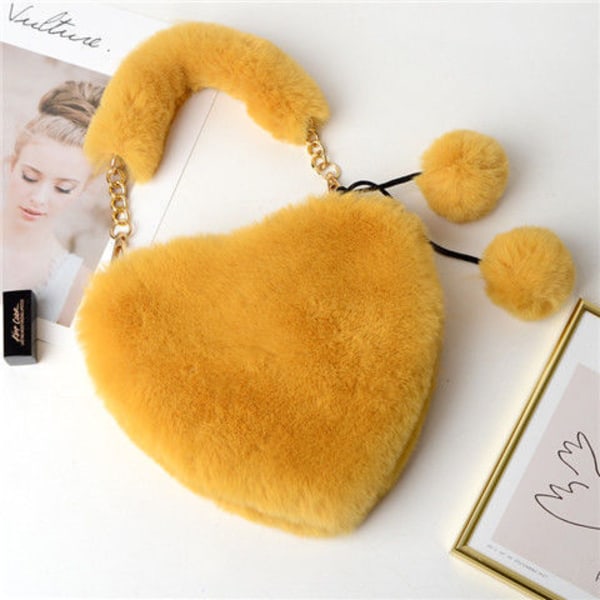 Fuskpälsväska Furry Clutch Hjärtformad handväska Fluffig kvällsväska Crossbody-väska Top-handtag Väska för kvinnor tjej yellow