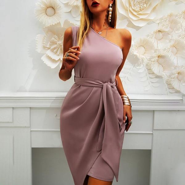 Solid Sleeveless Oblique Shoulder Oregelbundet Strap Party Dress lila L