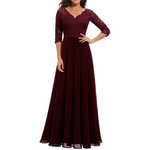 Dress with lace stitching, long waistband, noble dress, dress wine red S