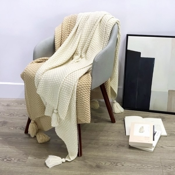 Tofsstickad filt, kontorsluftkonditionering, lunchrastfilt, cover , soffa, fritidsfilt, filt Diamond-beige 70*100CM