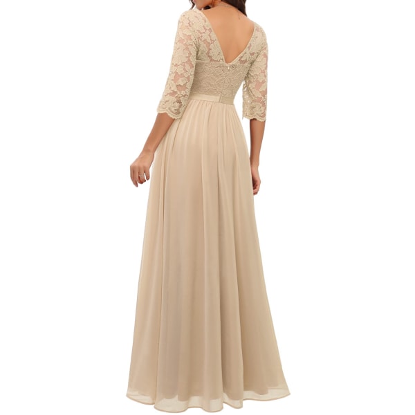 Dress with lace stitching, long waistband, noble dress, dress champagne M
