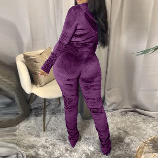 Damer i enfärgad enfärgad plisserad dragkedja med huva med huva elastiska midjebyxor Casual Varm höst/vinter set purple s