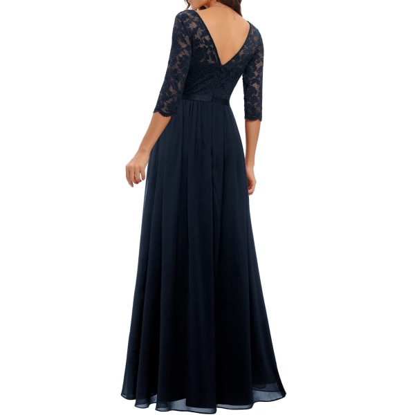 Dress with lace stitching, long waistband, noble dress, dress dark blue M