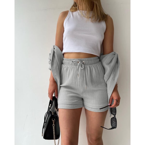 Skrynklig krage för kvinnor, långärmad skjorta, shorts med dragsko med hög midja, moderiktigt casual set i två delar grey M