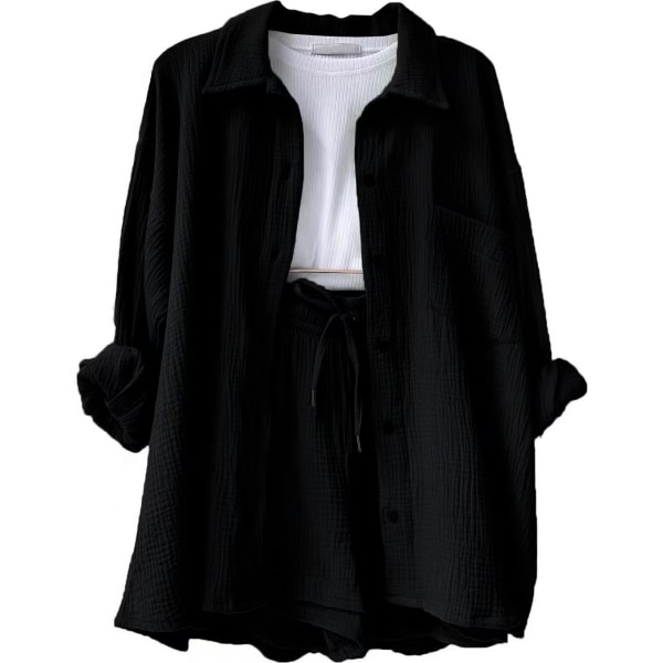 Skrynklig krage för kvinnor, långärmad skjorta, shorts med dragsko med hög midja, moderiktigt casual set i två delar black L