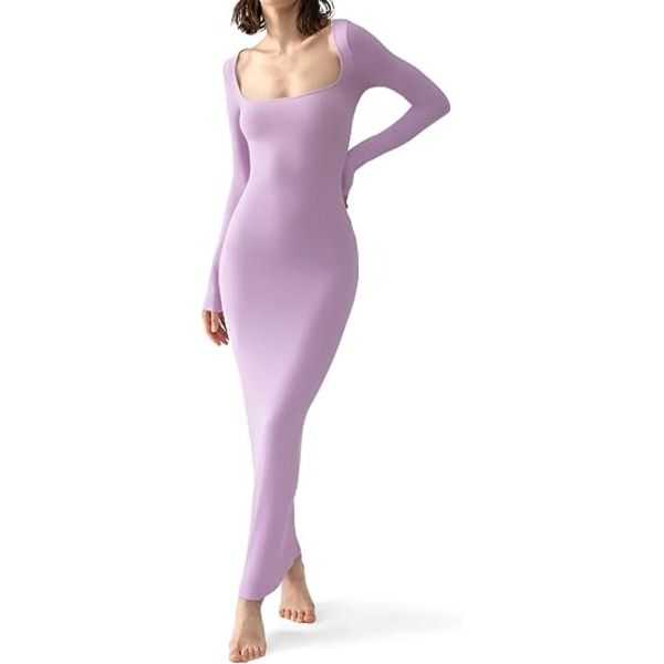Kvinnors fyrkantig hals långärmad Maxiklänning Soft Lounge Ribbed Bodycon Klänningar för kvinnor purple L