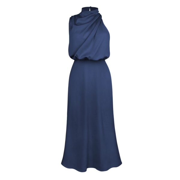 Hög kvalitet satin ärmlös klänning fashionabel elegant aftonklänning för kändisar dark blue L