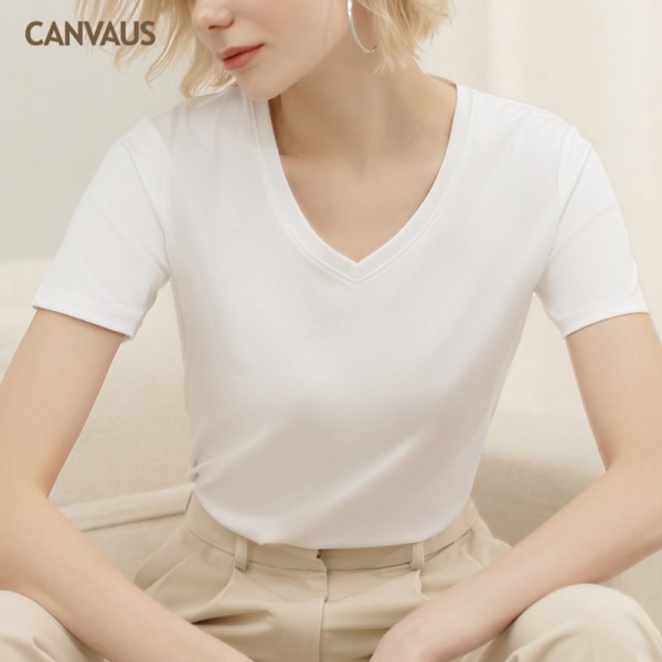 Ny V-ringad kortärmad T-shirt för dam T-shirts och damkläder vit L