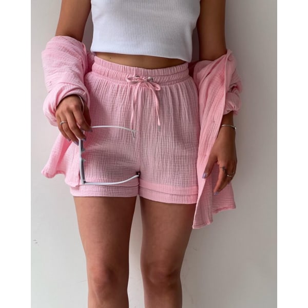 Skrynklig krage för kvinnor, långärmad skjorta, shorts med dragsko med hög midja, moderiktigt casual set i två delar pink L