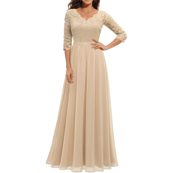 Dress with lace stitching, long waistband, noble dress, dress champagne XL