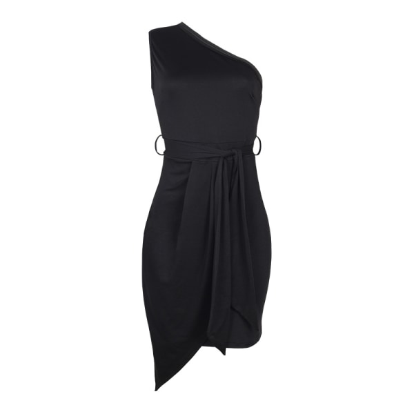 Solid Sleeveless Oblique Shoulder Oregelbundet Strap Party Dress svart L