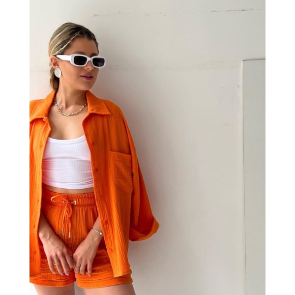 Skrynklig krage för kvinnor, långärmad skjorta, shorts med dragsko med hög midja, moderiktigt casual set i två delar orange S