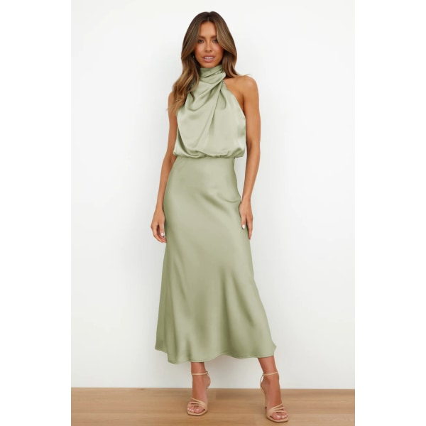 Hög kvalitet satin ärmlös klänning fashionabel elegant aftonklänning för kändisar light green L