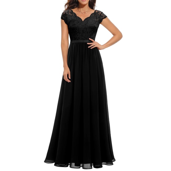 Dress with lace stitching, long waistband, noble dress, dress black L