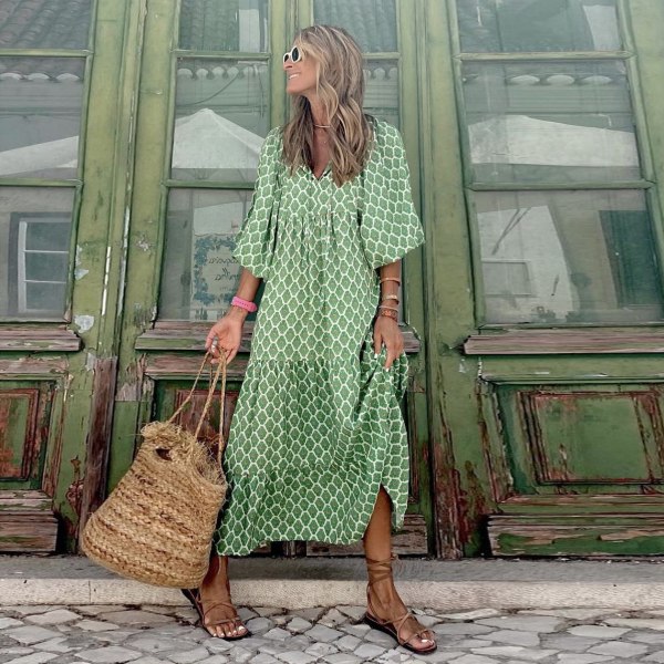 Geometrisk printed bubbelärmsklänning för kvinnor i stor storlek light green 2xl