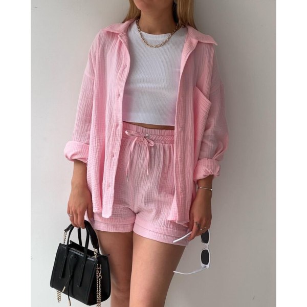 Skrynklig krage för kvinnor, långärmad skjorta, shorts med dragsko med hög midja, moderiktigt casual set i två delar pink M
