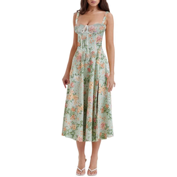 Temperament Ärmlös Mode High end Strap Dress Green printing S