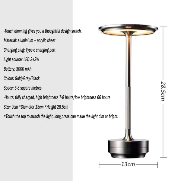 Skrivbordslampa Ambient Light Outdoor Camping Nattlampa USB Uppladdningsbar LED Bordslampa Dimbar sladdlös skrivbordslampa Flat head silvery