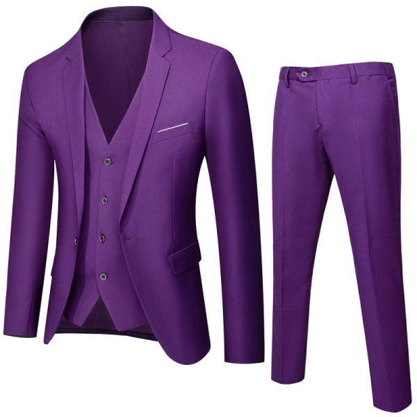 Kostym för män Business Casual 3-delad kostym blazerbyxor Väst 9 färger Purple M