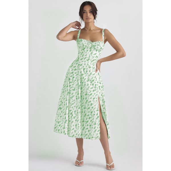 Temperament Ärmlös Mode High end Strap Dress Light green leaves white dress S