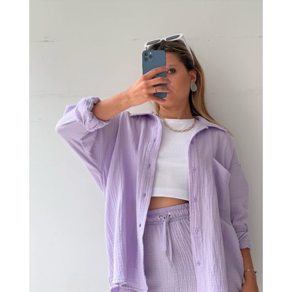 Skrynklig krage för kvinnor, långärmad skjorta, shorts med dragsko med hög midja, moderiktigt casual set i två delar purple S