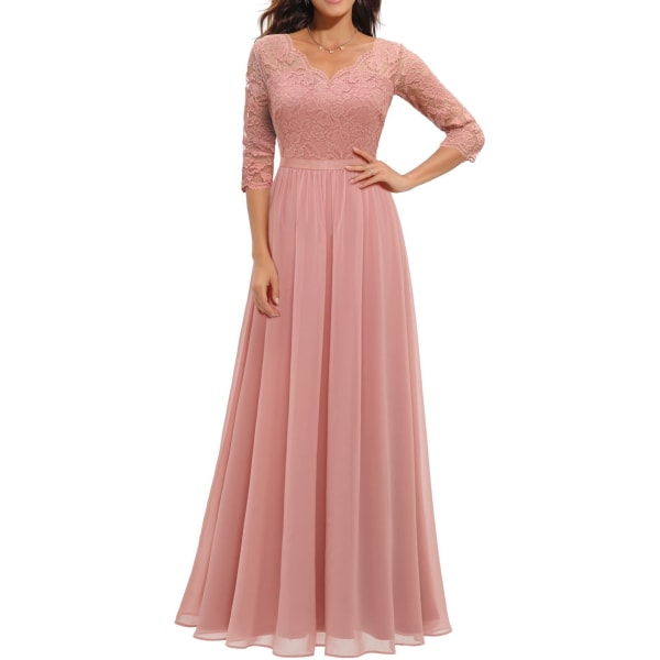 Dress with lace stitching, long waistband, noble dress, dress pink M