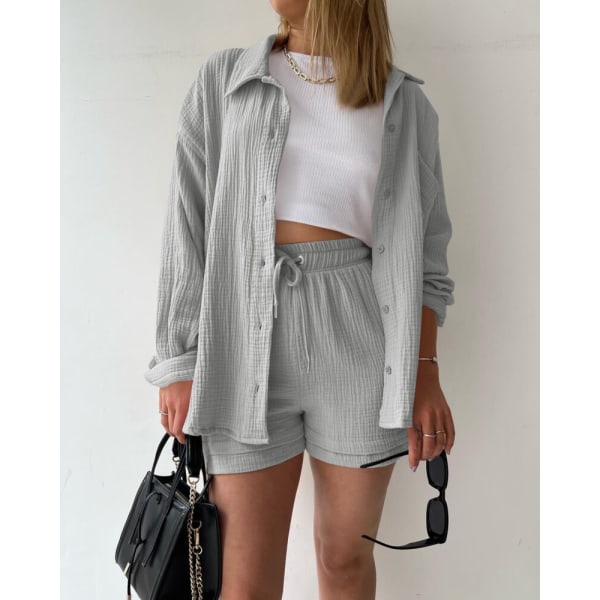 Skrynklig krage för kvinnor, långärmad skjorta, shorts med dragsko med hög midja, moderiktigt casual set i två delar grey L
