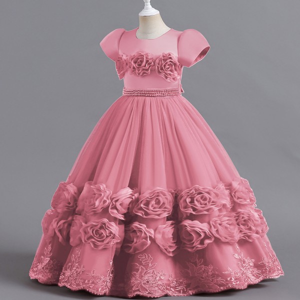 Barnklänning Prinsessklänning Fashionabla lång puffig klänning Födelsedagsshow för flickor Piano Performance Klänning rosa 160