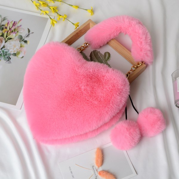 Fuskpälsväska Furry Clutch Hjärtformad handväska Fluffig kvällsväska Crossbody-väska Top-handtag Väska för kvinnor tjej pink