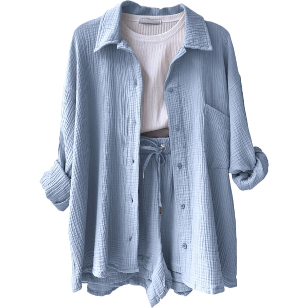 Skrynklig krage för kvinnor, långärmad skjorta, shorts med dragsko med hög midja, moderiktigt casual set i två delar light blue L
