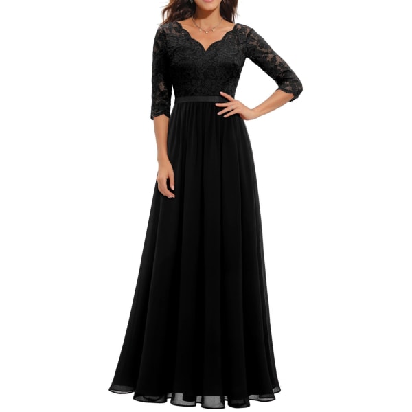 Dress with lace stitching, long waistband, noble dress, dress black S