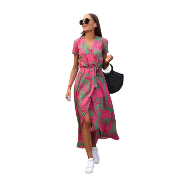 Summer New V-Neck Print Lace Up Dress rosa XXL