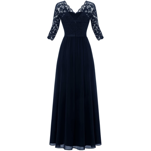 Dress with lace stitching, long waistband, noble dress, dress dark blue M