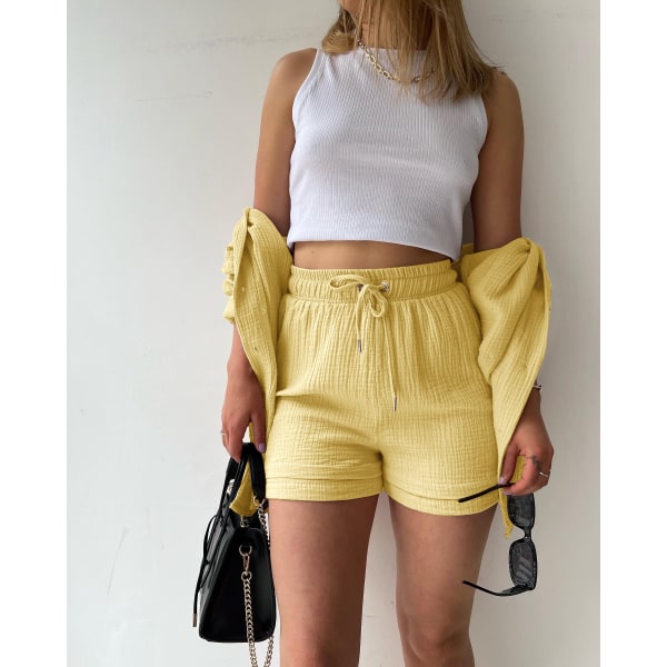 Skrynklig krage för kvinnor, långärmad skjorta, shorts med dragsko med hög midja, moderiktigt casual set i två delar yellow L