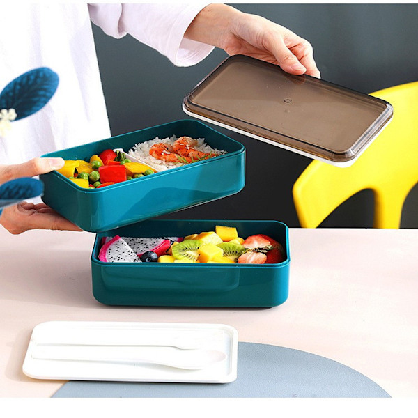 Lunchlåda, mikrovågsugn dubbelskikts bärbar Bento-låda Hem/Student Lunchlåda med plastgaffel och sked 1200ml double layer lunch box