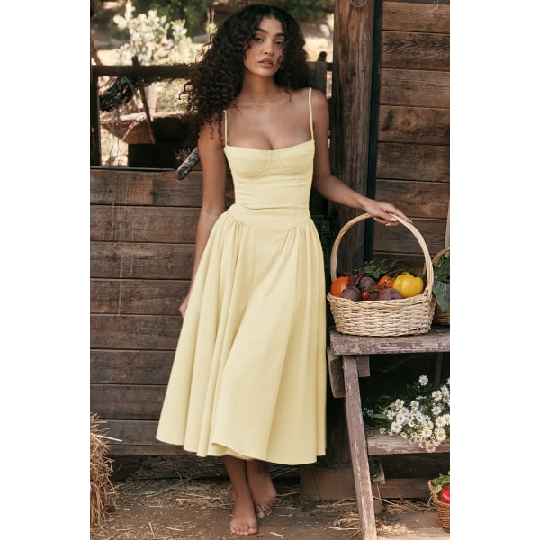 Ny fransk vintage lång klänning Palace Style Strap Dress Girl light yellow L