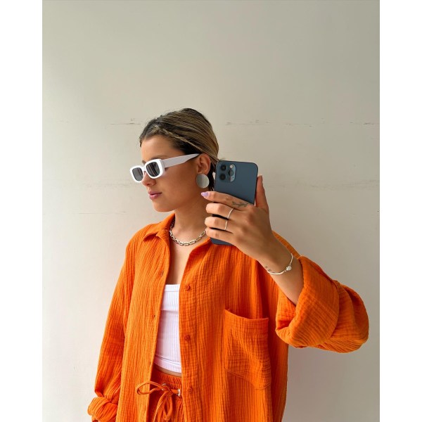 Skrynklig krage för kvinnor, långärmad skjorta, shorts med dragsko med hög midja, moderiktigt casual set i två delar orange XL