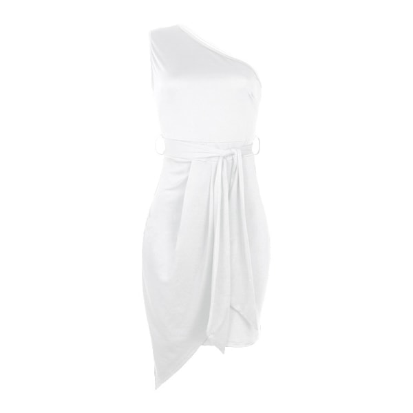 Solid Sleeveless Oblique Shoulder Oregelbundet Strap Party Dress vit L