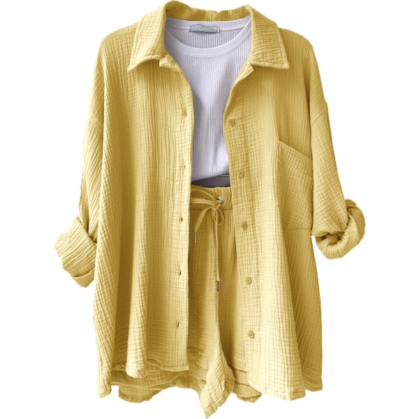 Skrynklig krage för kvinnor, långärmad skjorta, shorts med dragsko med hög midja, moderiktigt casual set i två delar yellow L