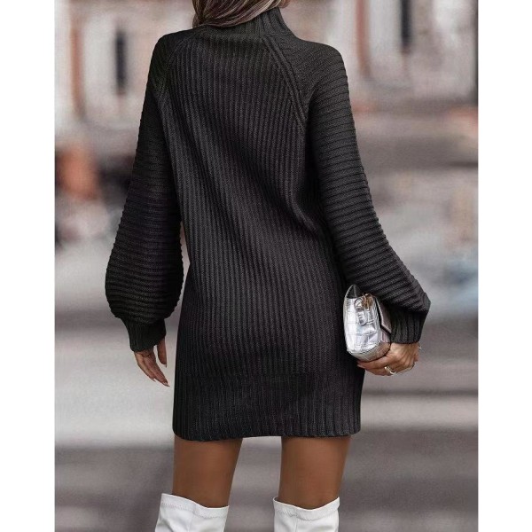 Tröja med hög hals, långärmad stickad klänning för kvinnor black XL