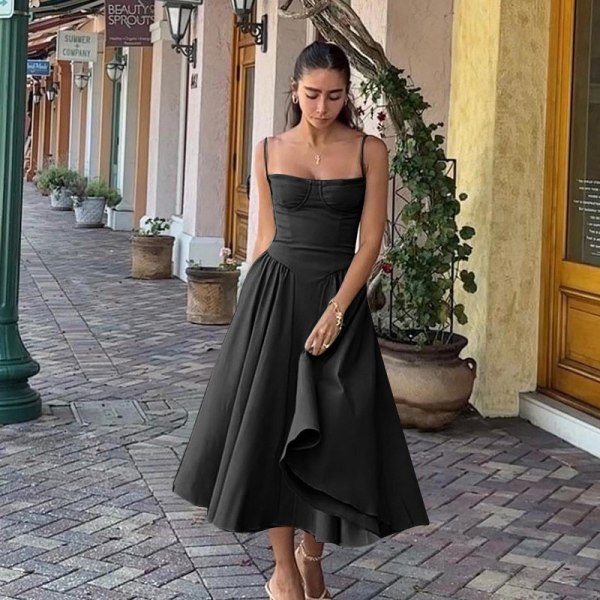 Ny fransk vintage lång klänning Palace Style Strap Dress Girl black L