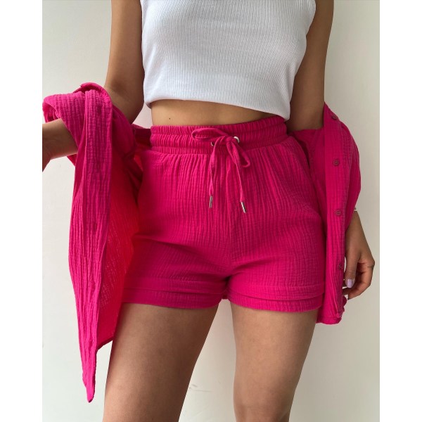Skrynklig krage för kvinnor, långärmad skjorta, shorts med dragsko med hög midja, moderiktigt casual set i två delar rose L