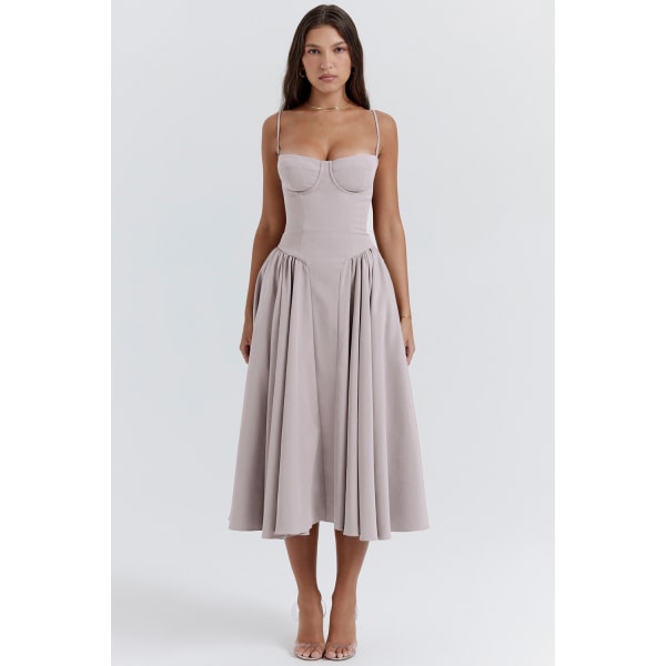 Ny fransk vintage lång klänning palats stil rem klänning flicka light grey M