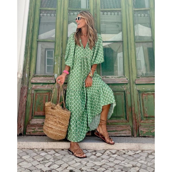 Geometrisk printed bubbelärmsklänning för kvinnor i stor storlek light green 2xl