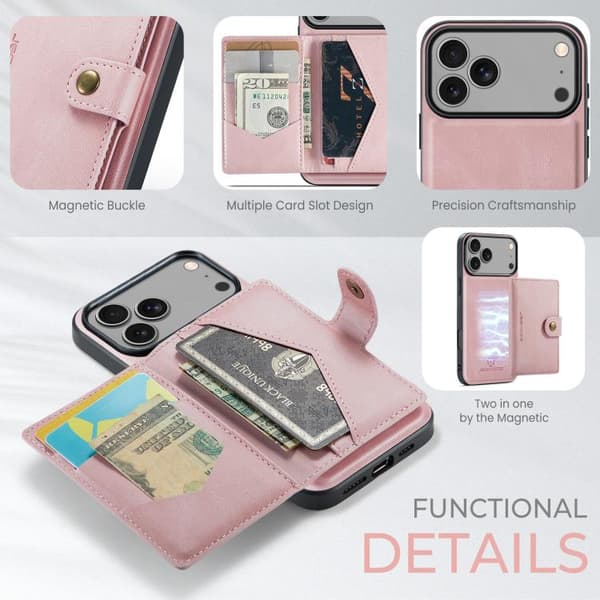 iPhone 17 Pro Skal JEEHOOD Retro Magnetiskt Avtagbart Plånboksfodral Rosa