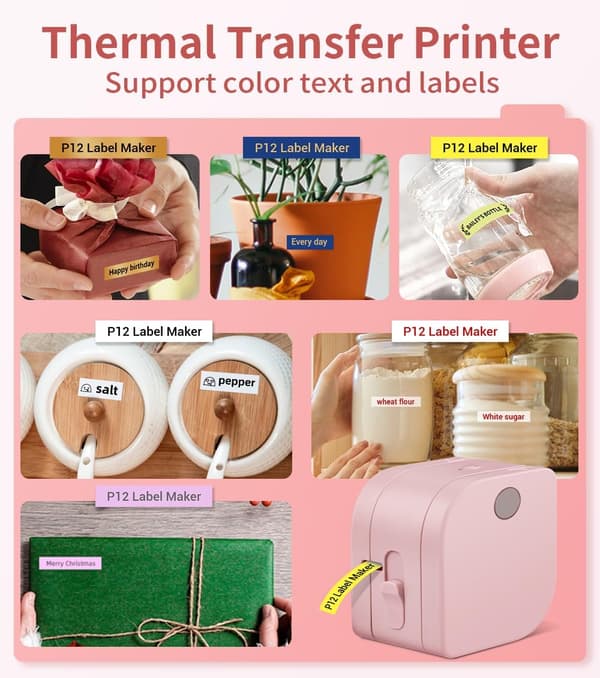 P12 Bluetooth Label Maker with Tape, Small Portable Thermal Transfer Label Printer, Multiple Templates Label Machine for Home Office Pink